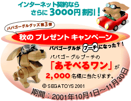 An image from Mitsui Direct's website announcing that 2000 people could win the limited edition Poo-Chi. A brown Poo-Chi wearing goggles is present, and so are the dates for the campaign.
