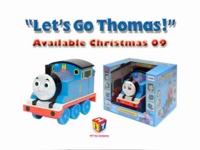 The end screen of the Let's Go Thomas commercial, revealing a photo of a prototype and a picture of the released version of the toy in its box